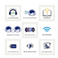 Grid of illustrated icons highlighting kids’ headphones features: SafeAudio with 3 listening settings, active noise cancellation, StudyMode, BuddyLink for sharing, decorative stickers, 20m wireless range, 42-hour battery life, works without power, and travel bag included. Each feature is represented by a unique icon and label