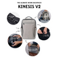 Kinesis V2 ultimate work backpack in grey with YKK anti-theft zippers, luggage pass-through, tech compartment, water-resistant toiletries pocket, and key holder features displayed