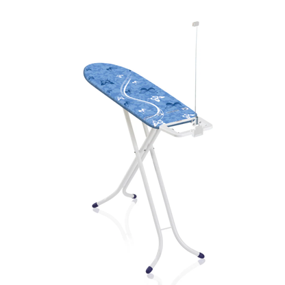 Leifheit AirBoard Compact ironing board with blue thermo-reflect cover, lightweight white frame and cable holder for faster ironing.