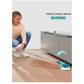 Person cleaning under low cabinet with Leifheit Clean Twist Ergo flat mop, using 360 degree joint to reach hard-to-access areas on wooden floor.