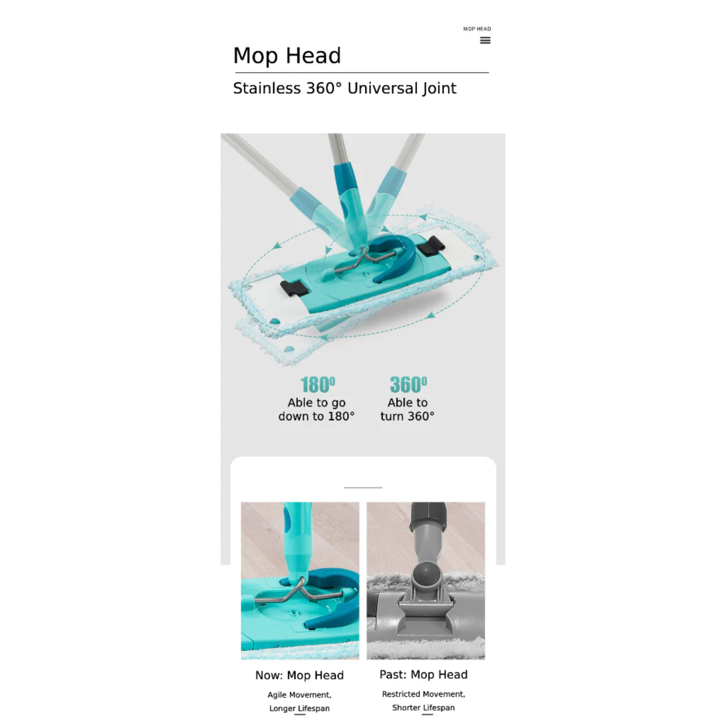 Leifheit Clean Twist Ergo mop head with stainless 360 degree universal joint, rotating 180° flat and 360° around for agile cleaning and longer lifespan.