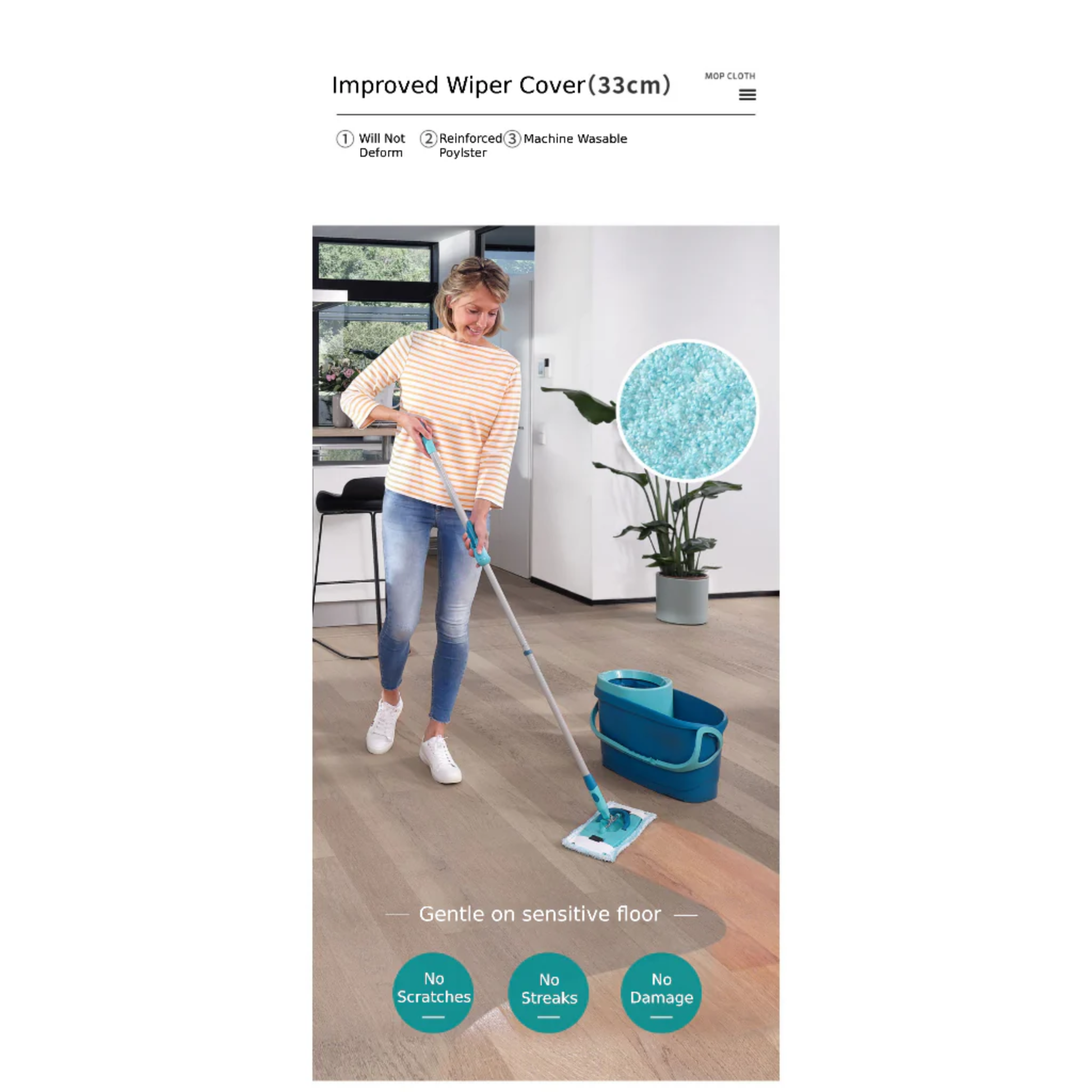 Person using Leifheit Clean Twist Ergo spin mop set with 33cm improved wiper cover on sensitive wooden floor, showing no scratches, streaks or damage.
