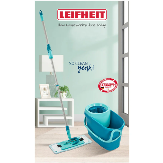 Leifheit Clean Twist Ergo spin mop set with 6L bucket shown in modern living room, recommended for parquet and delicate floors.