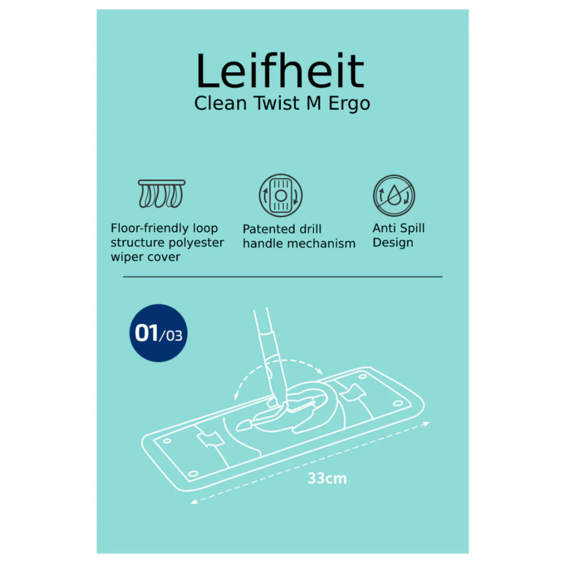 Leifheit Clean Twist M Ergo mop head diagram showing 33 cm floor wiper with loop structure polyester cover, patented drill handle and anti-spill design.