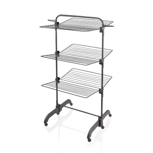 Leifheit Comfort Tower 420 Black three-tier foldable laundry drying rack on wheels for space-saving indoor clothes drying