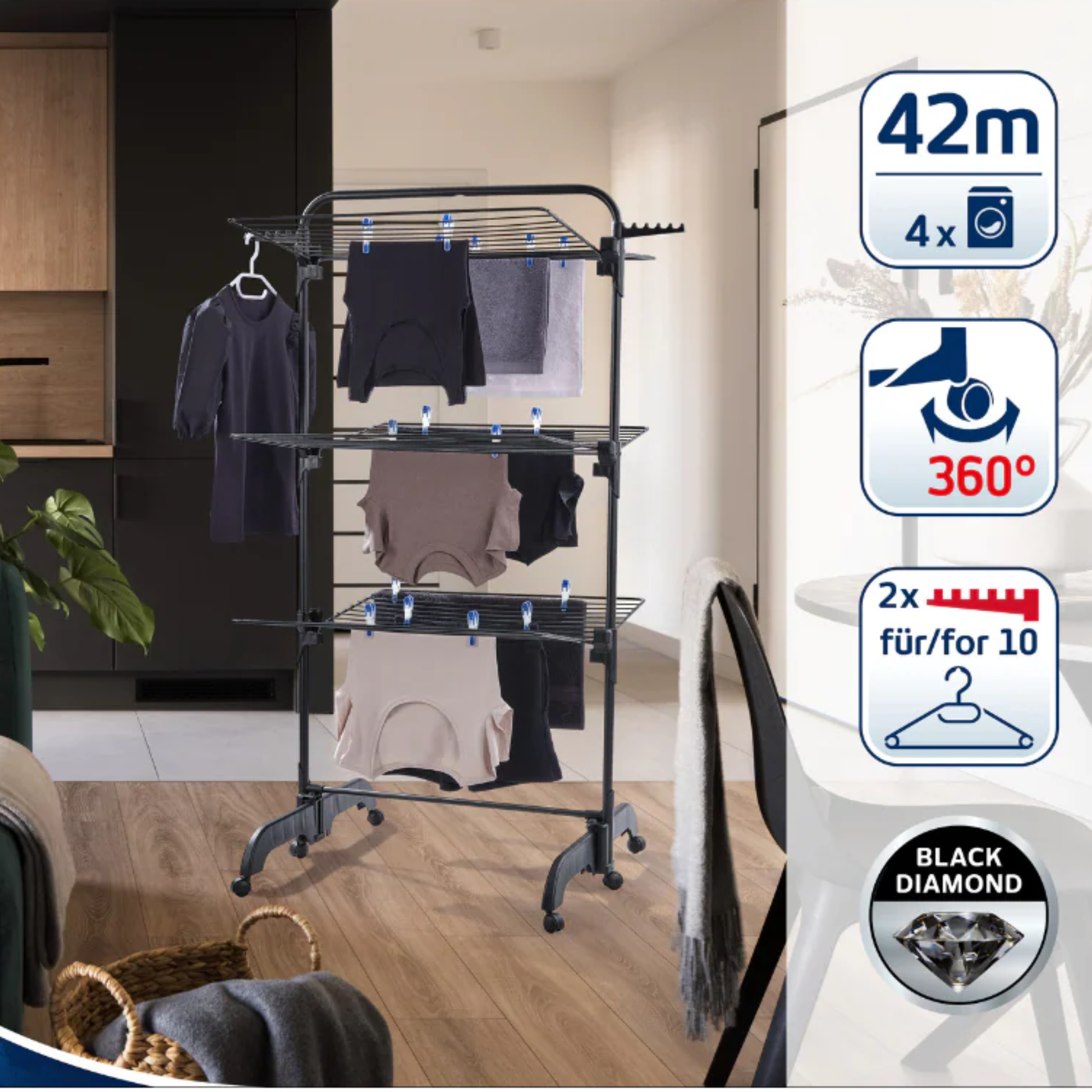Leifheit Comfort Tower 420 Black three-tier laundry drying rack with clothes hanging indoors, 42 m drying length and 360 degree rolling wheels