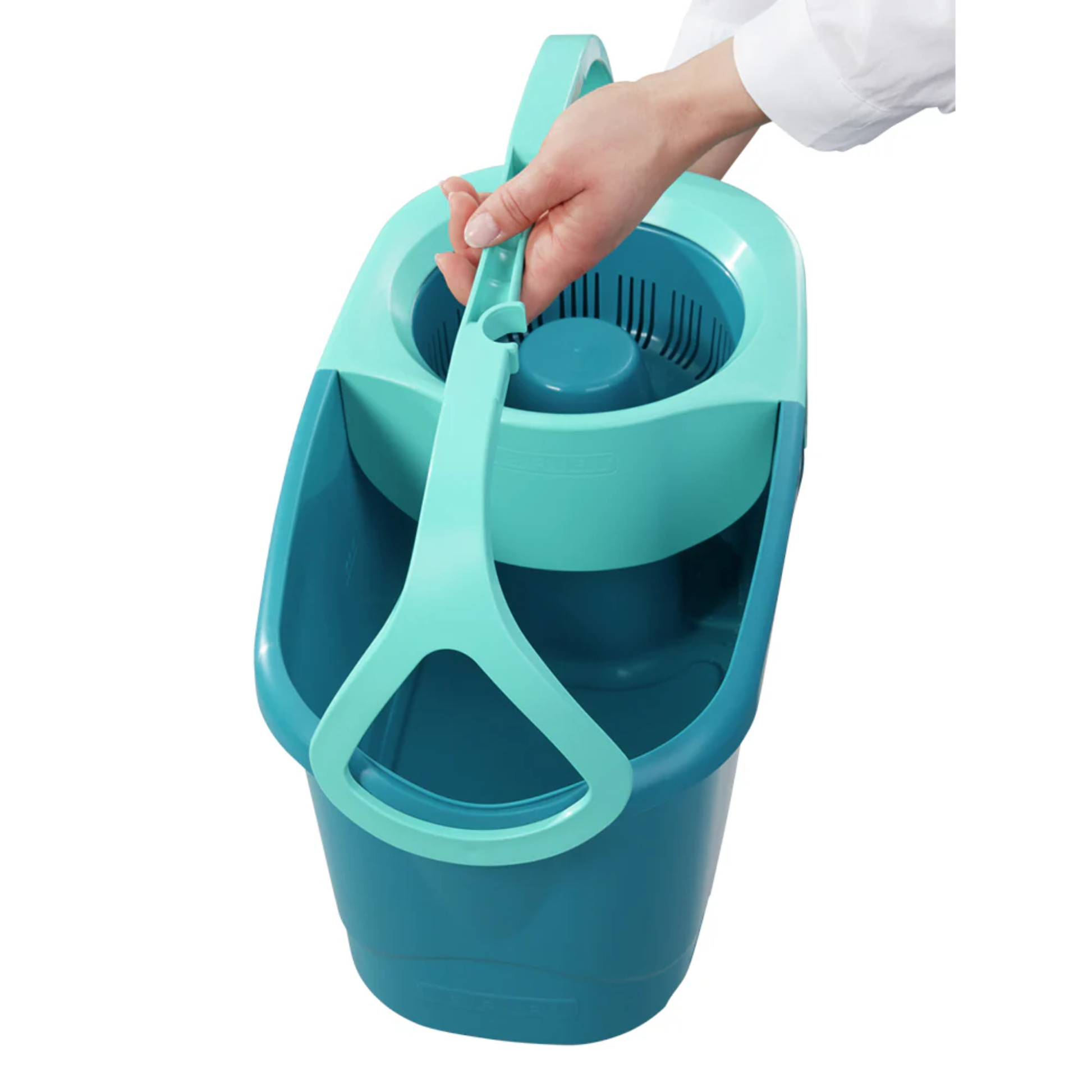 Hand lifting the Leifheit Ergo Clean Twist Mop bucket by its ergonomic carry handle with integrated spin wringer.