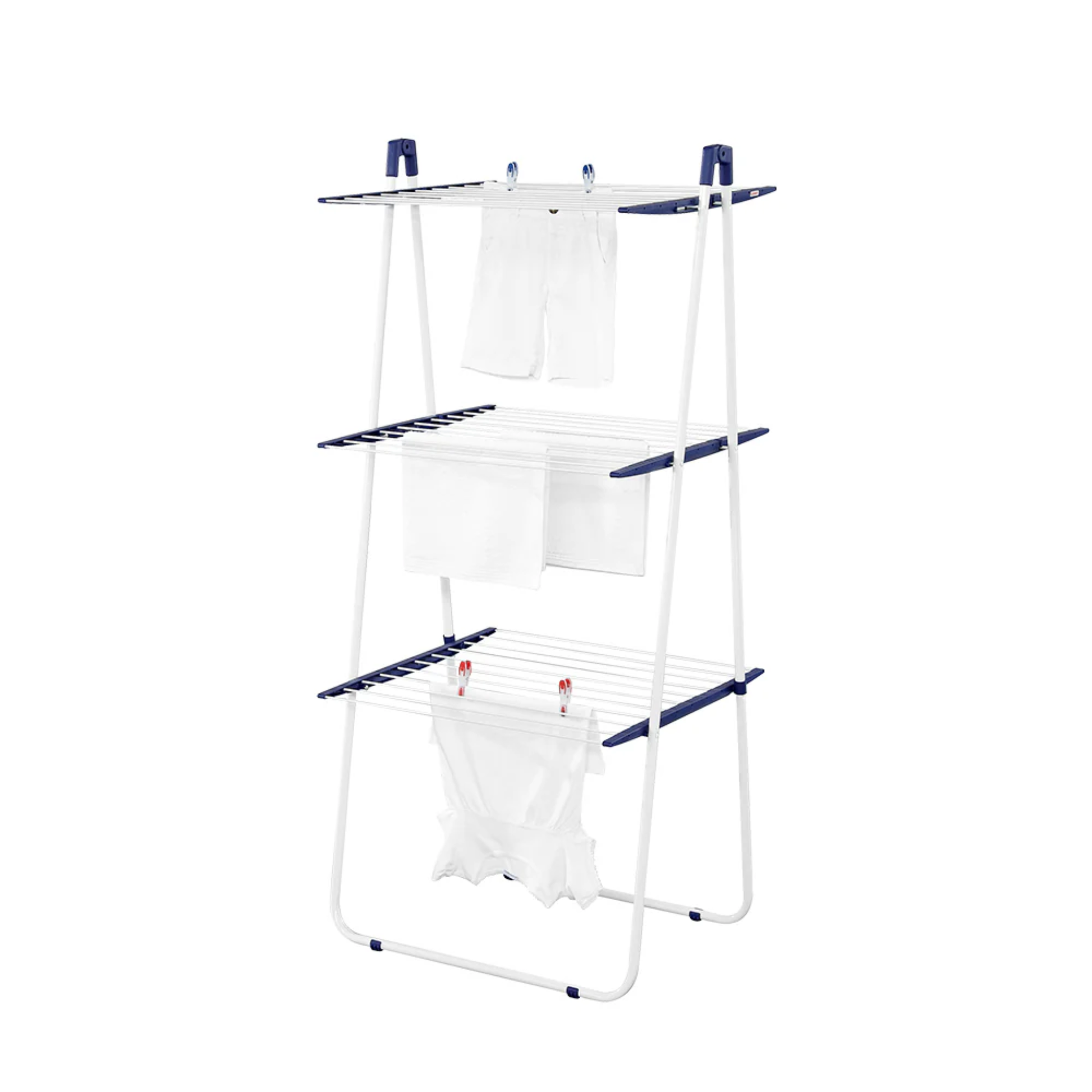 Leifheit Pegasus Tower 190 three-tier folding clothes drying rack with compact vertical design for small indoor laundry spaces.