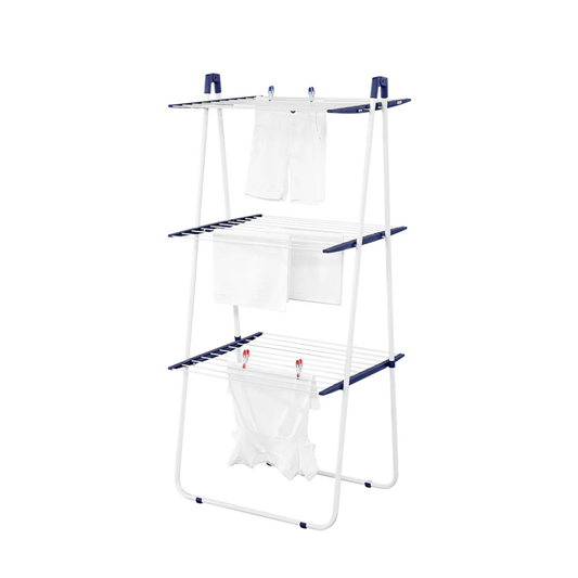 Leifheit Pegasus Tower 190 three-tier folding clothes drying rack with compact vertical design for small indoor laundry spaces.