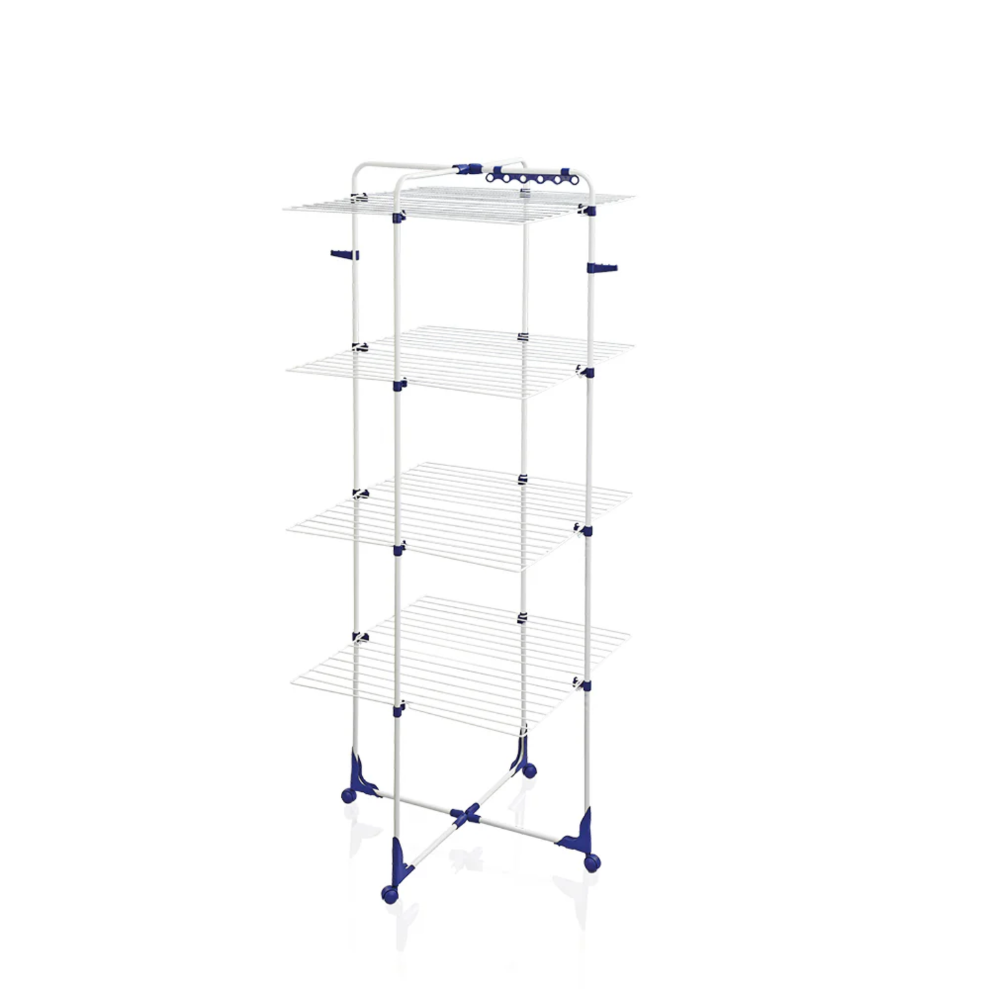 Leifheit Tower Dryer Classic 450 tall white foldable multi-tier laundry drying rack on wheels with several square shelves for indoor clothes drying