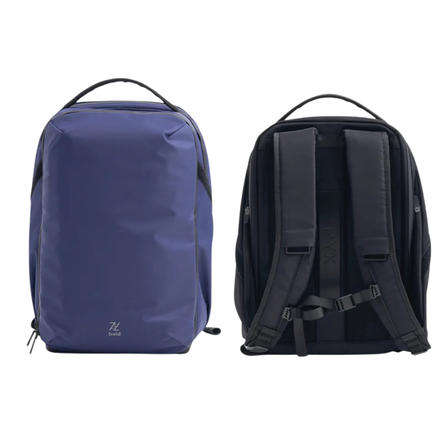 Front and back view of a minimalist navy blue backpack with padded shoulder straps, a top handle, and the "bold" logo on the front, displayed on a white background