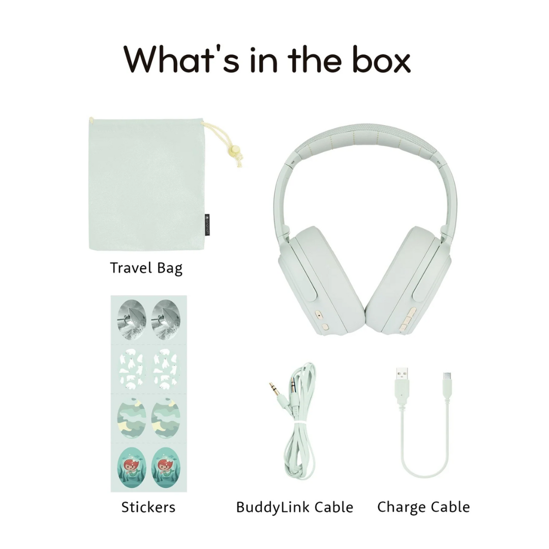 Flat lay of mint green over-ear headphones and accessories on a white background, including a matching travel bag, a sheet of animal-themed stickers, a mint BuddyLink audio cable, and a mint USB charge cable, each item labeled