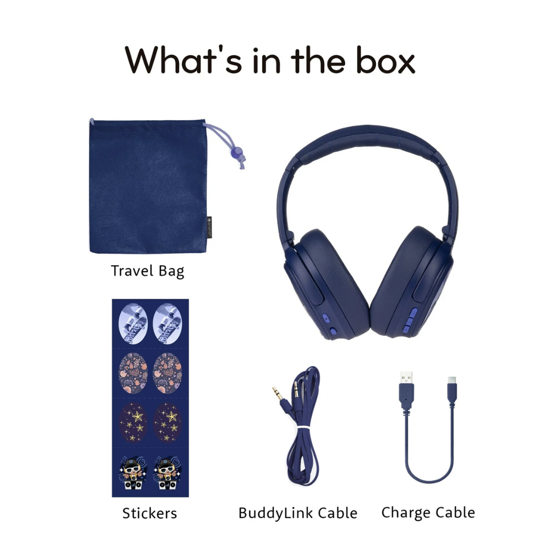 Flat lay of navy blue over-ear headphones and accessories on a white background, including a matching travel bag, a sheet of space-themed stickers, a navy BuddyLink audio cable, and a navy USB charge cable, each item labeled