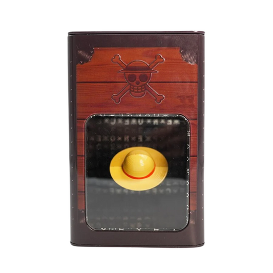 One Piece collectible tin box featuring a wood plank design with the Straw Hat Pirates skull and crossbones logo, and a yellow straw hat displayed in a front window