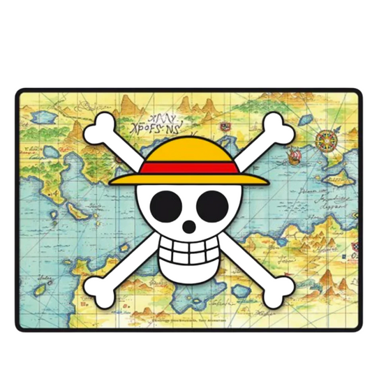 One Piece Straw Hat Pirates skull and crossbones logo with yellow straw hat, centered on an illustrated vintage world map background