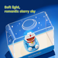 Doraemon Starry Night Light featuring a smiling Doraemon figure seated on a blue cushion inside a transparent rectangular lamp, projecting soft light and romantic starry sky patterns, with "Soft light, romantic starry sky" text above.
