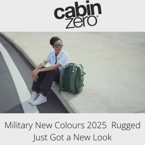 Travel lifestyle video of CabinZero Military 36L backpack, showing people carrying the rugged, heavy-duty military-grade nylon bag on urban and outdoor journeys, highlighting comfort, versatility, and adventure-ready features for travelers