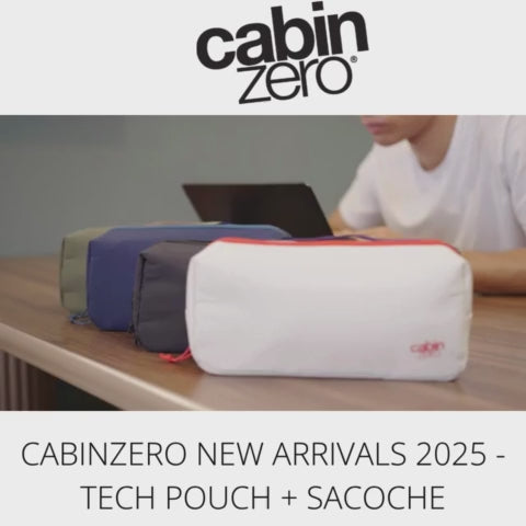 Promotional video for CabinZero New Arrivals 2025 showcasing the Tech Pouch and Sacoche in four colors. The video highlights features such as pen loop, RFID blocking pocket, cable passthrough, self-standing design, water resistance, and multiple carrying options including shoulder bag and handheld pouch