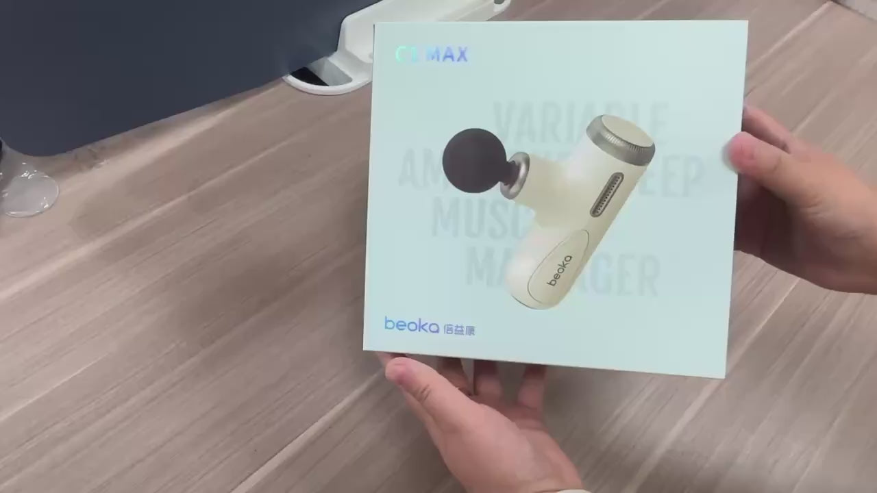 Unboxing the Beoka C1 Max Mini Massage Gun, showcasing packaging, accessories, and features of the portable deep tissue muscle massager.
