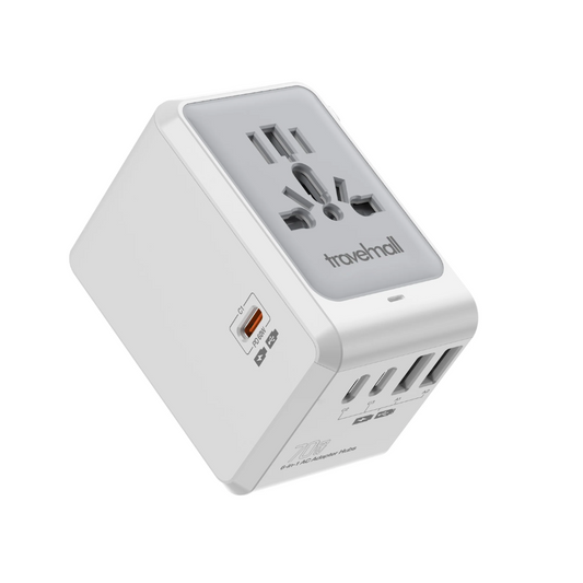 Travelmall universal travel adapter with international plug interface, USB-C PD port, and four USB-A fast charging ports, designed for multi-device charging during international travel.