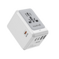 Travelmall universal travel adapter with international plug interface, USB-C PD port, and four USB-A fast charging ports, designed for multi-device charging during international travel.