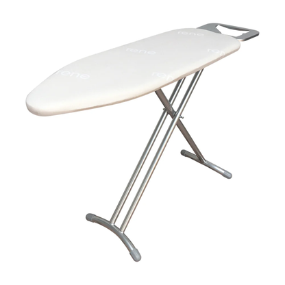 RENE classic adjustable ironing board with padded white cover and fixed metal iron rest on sturdy folding legs