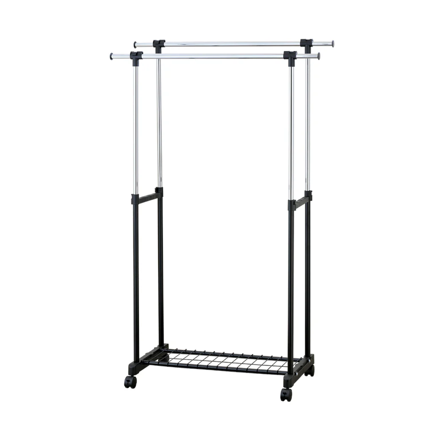 Adjustable double-rail portable clothes rack with bottom wire shelf and wheels on white background
