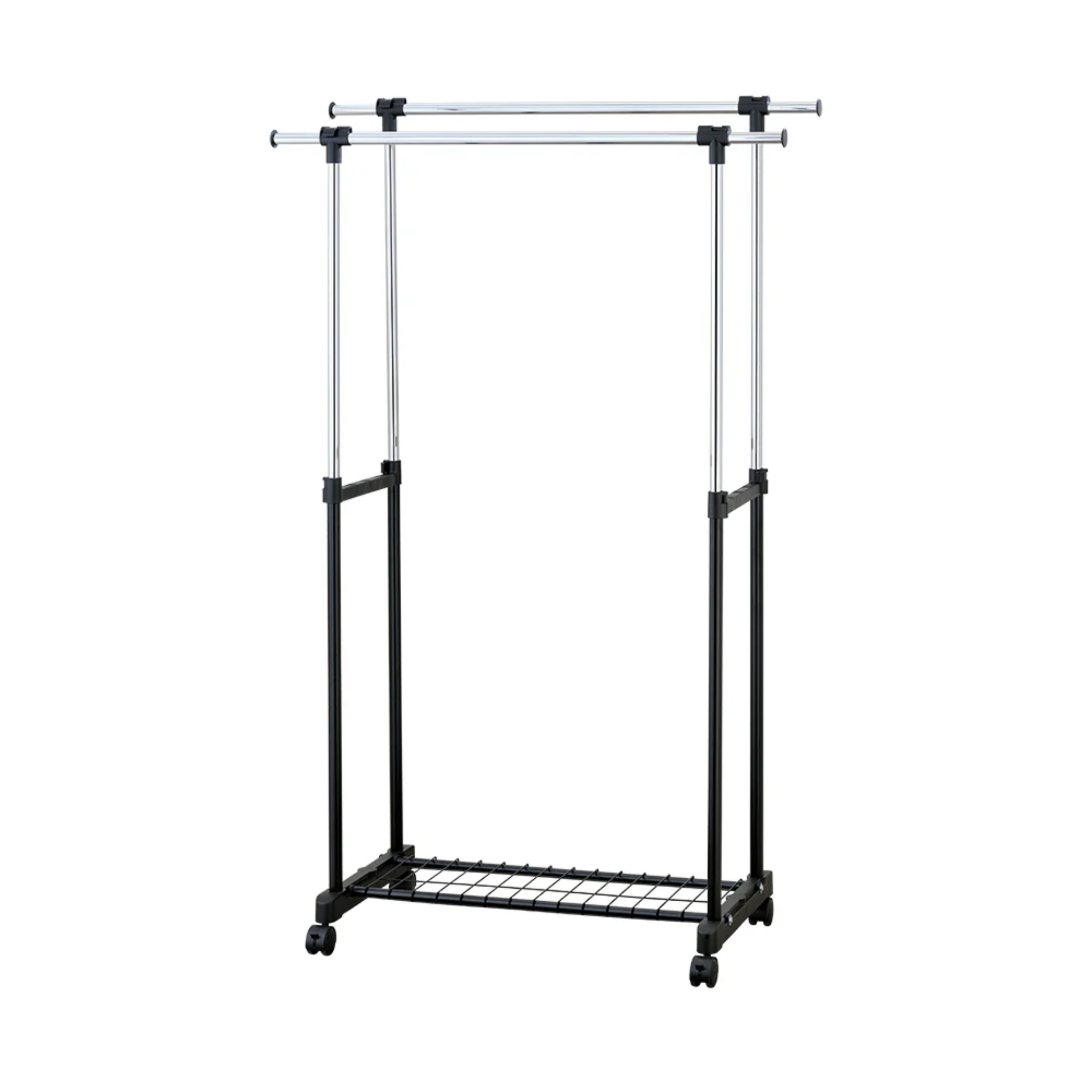 Adjustable double-rail portable clothes rack with bottom wire shelf and wheels on white background