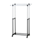 Adjustable double-rail portable clothes rack with bottom wire shelf and wheels on white background