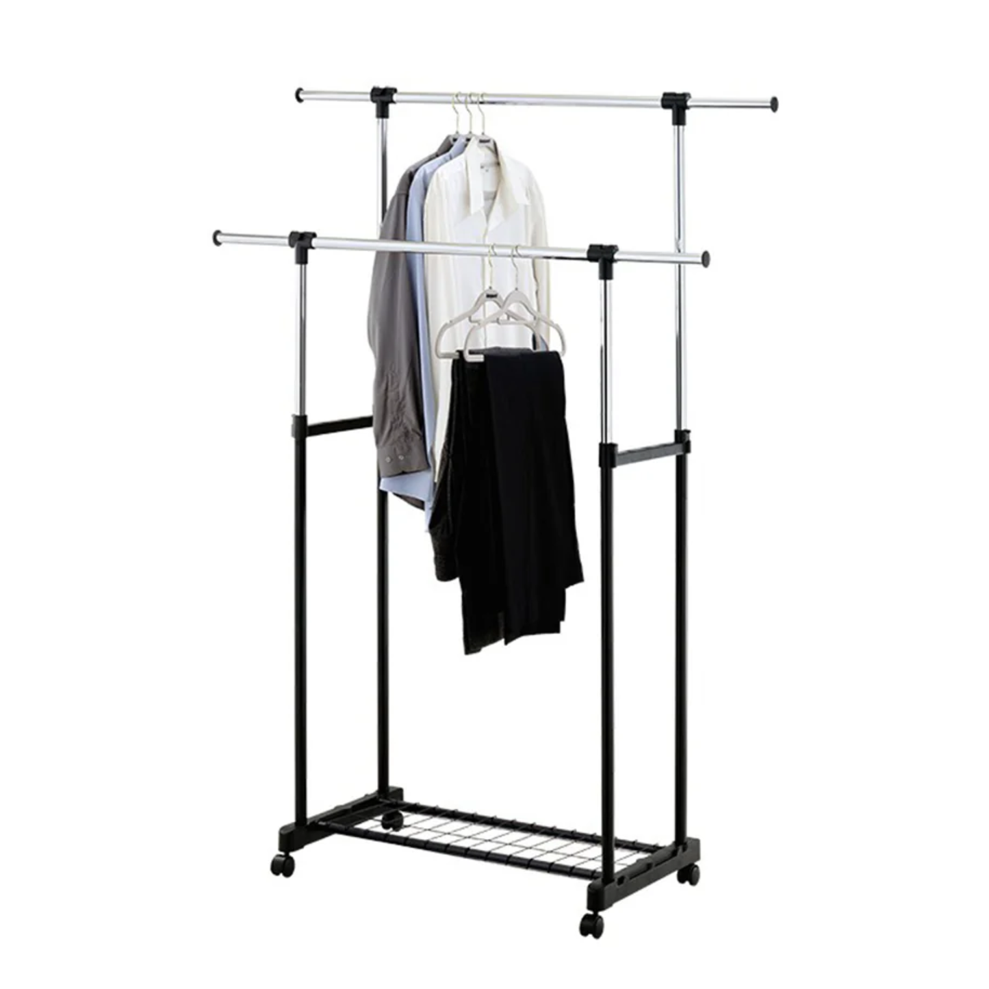 Adjustable double-pole portable clothes drying rack with hanging shirts and pants on wheels