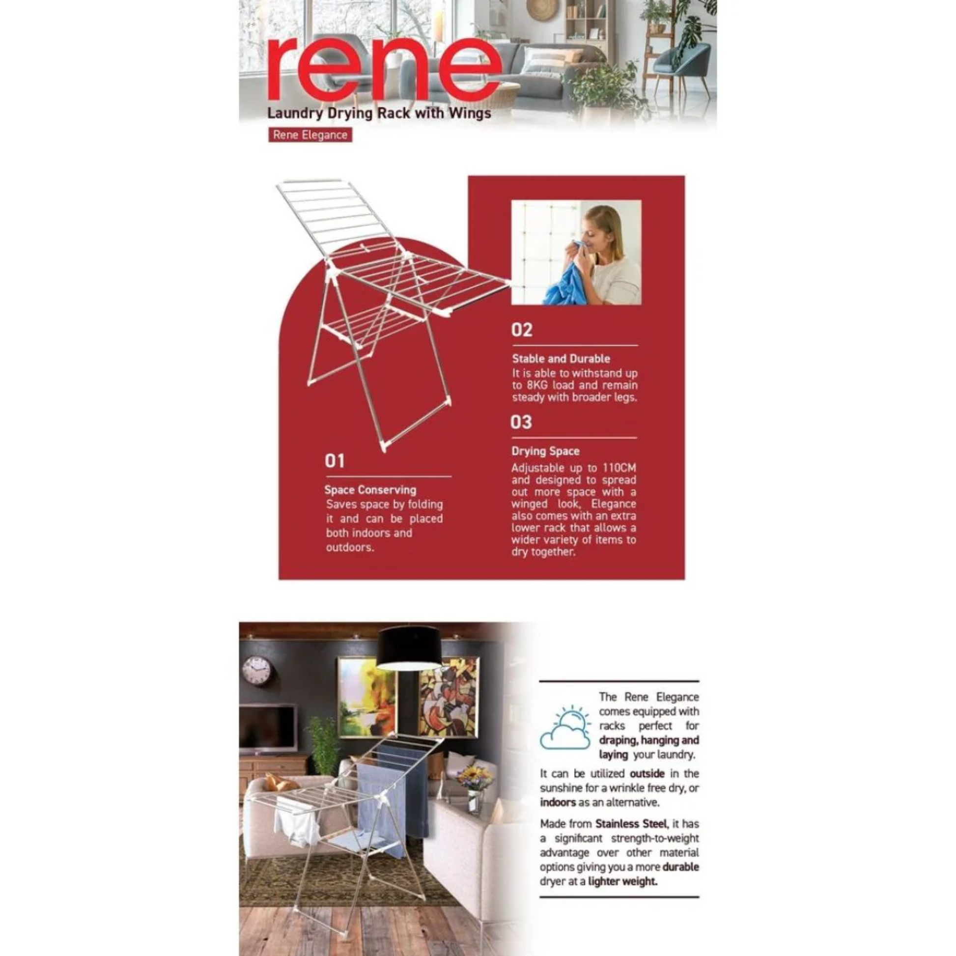 Rene Elegance laundry drying rack with wings shown in lifestyle poster highlighting space saving, stable durable design and indoor living room use.