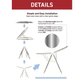 Rene Elegance stainless steel foldable laundry drying rack details poster showing simple installation steps, adjustable height wings and durable 8kg load capacity.