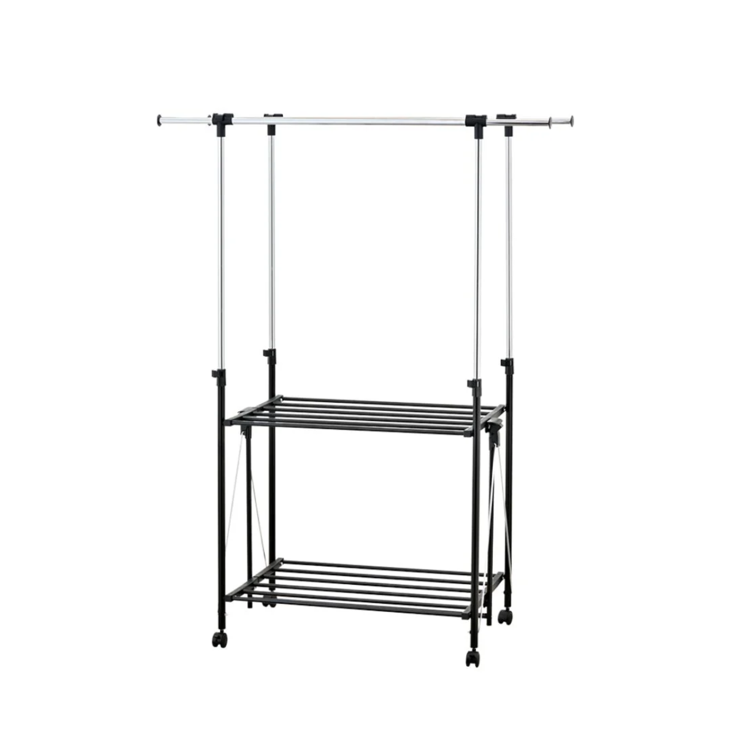 Adjustable RENE Ocho expandable double laundry drying rack with two shelves and rolling caster wheels for space-saving indoor clothes drying