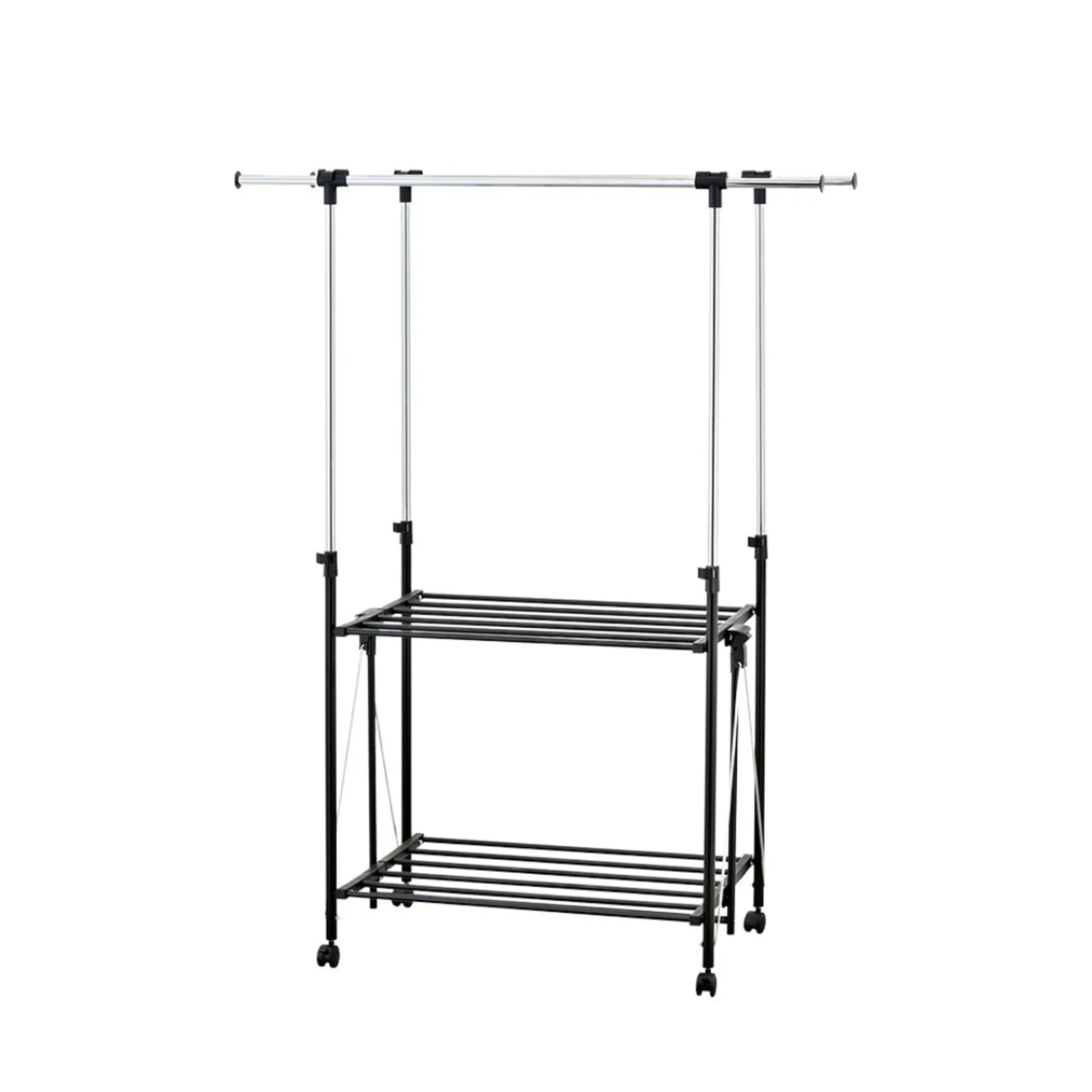 Adjustable RENE Ocho expandable double laundry drying rack with two shelves and rolling caster wheels for space-saving indoor clothes drying