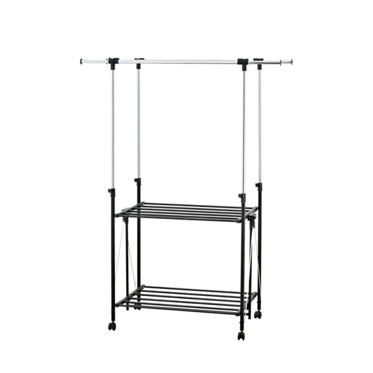 Adjustable RENE Ocho expandable double laundry drying rack with two shelves and rolling caster wheels for space-saving indoor clothes drying