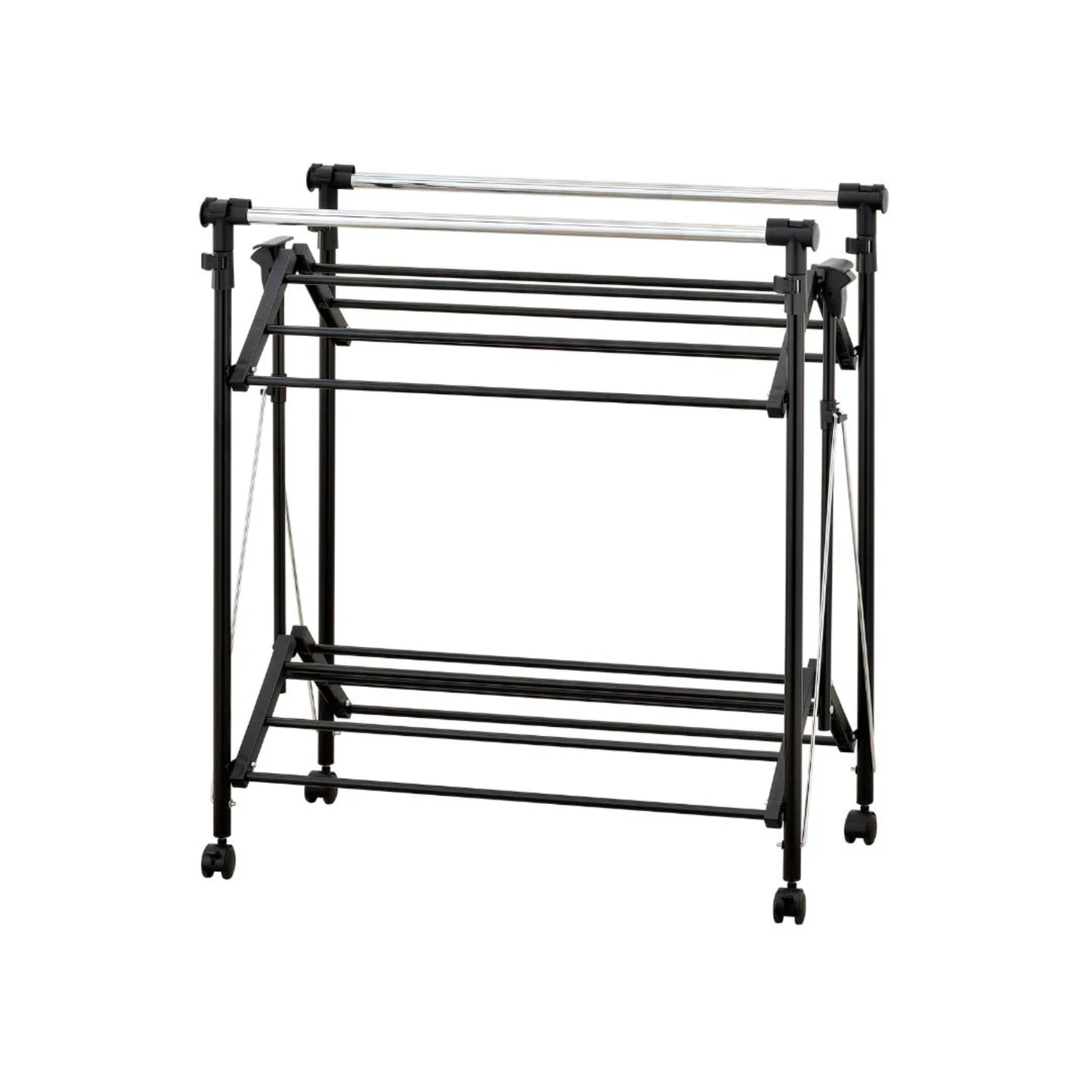 Folded RENE Ocho double laundry drying rack showing compact, space-saving design with multiple bars and caster wheels for easy indoor storage.