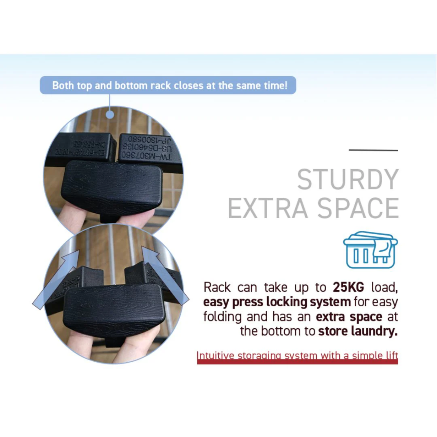 Detail infographic of RENE Ocho foldable laundry drying rack highlighting 25kg load capacity, easy press locking system, and extra lower space to store laundry