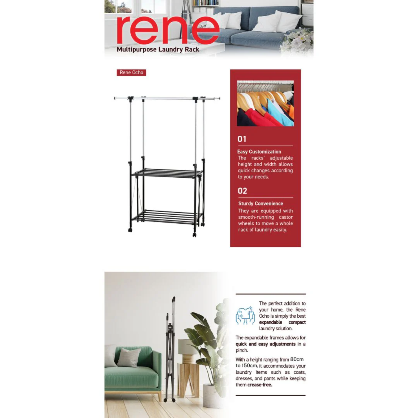 Infographic for RENE Ocho multipurpose foldable laundry drying rack showing adjustable double-bar design, key benefits, and compact storage beside a sofa in a modern living room.