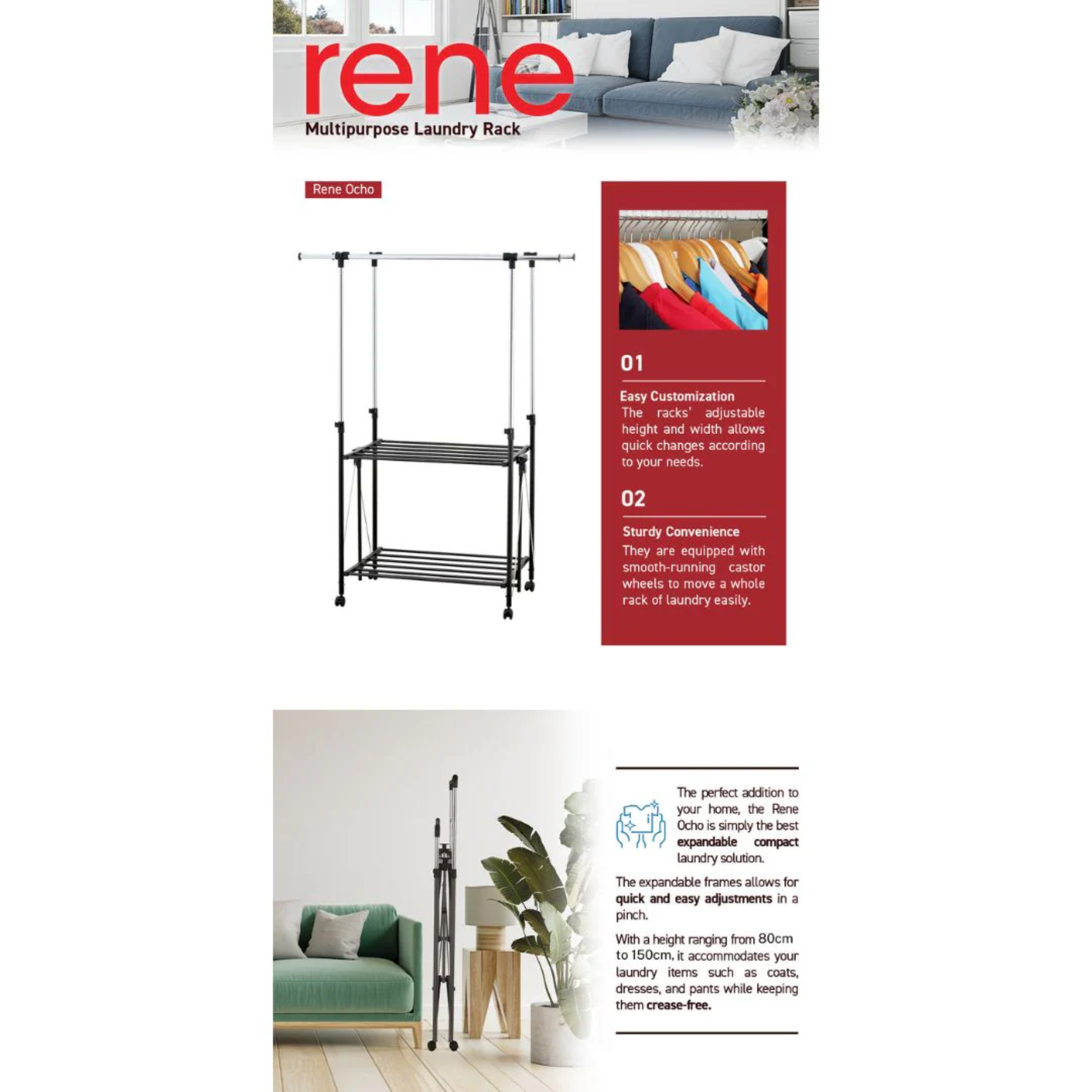 Infographic for RENE Ocho multipurpose foldable laundry drying rack showing adjustable double-bar design, key benefits, and compact storage beside a sofa in a modern living room.