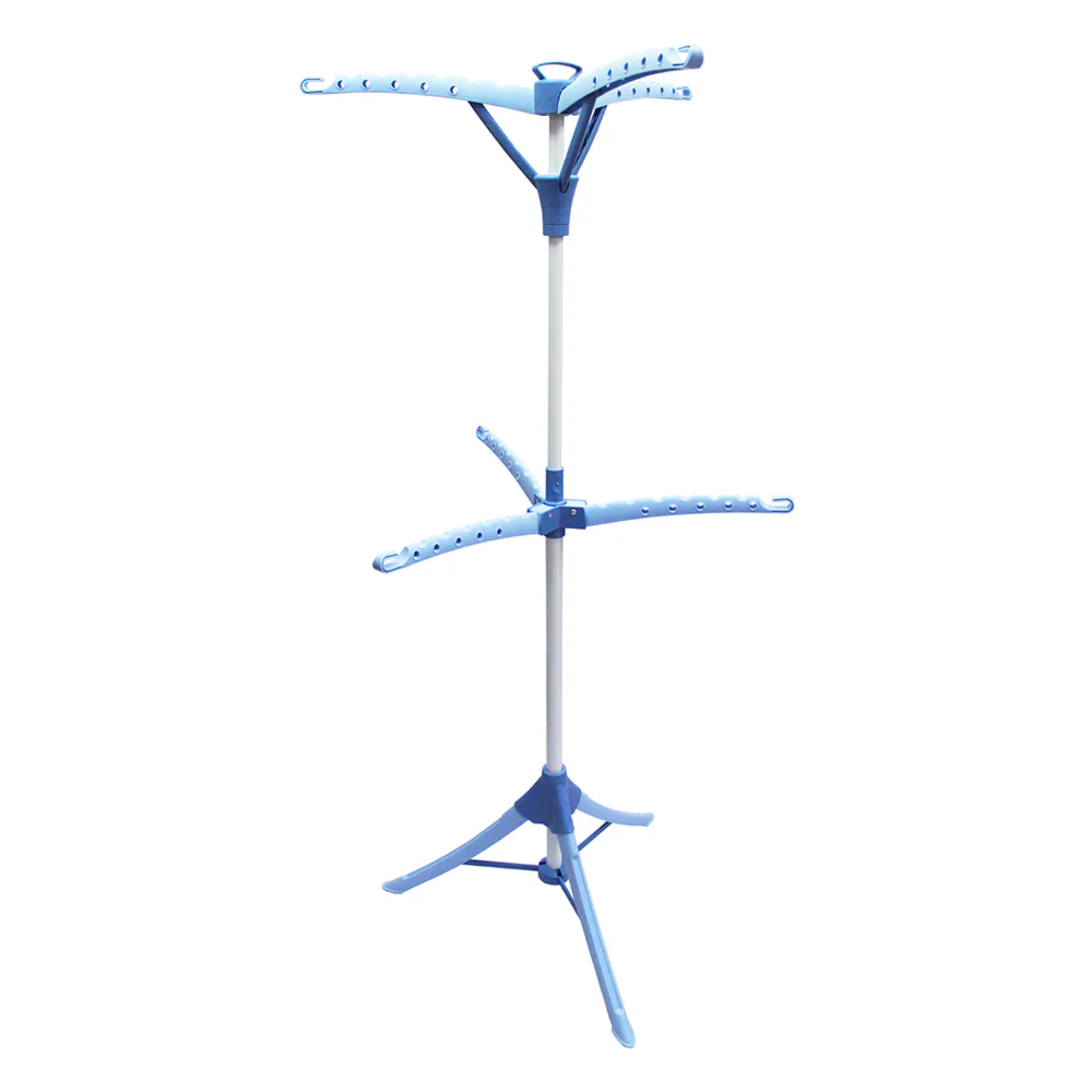 Blue two-tier foldable laundry drying rack with multiple arms on tripod base against white background