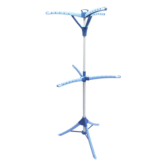 Blue two-tier foldable laundry drying rack with multiple arms on tripod base against white background