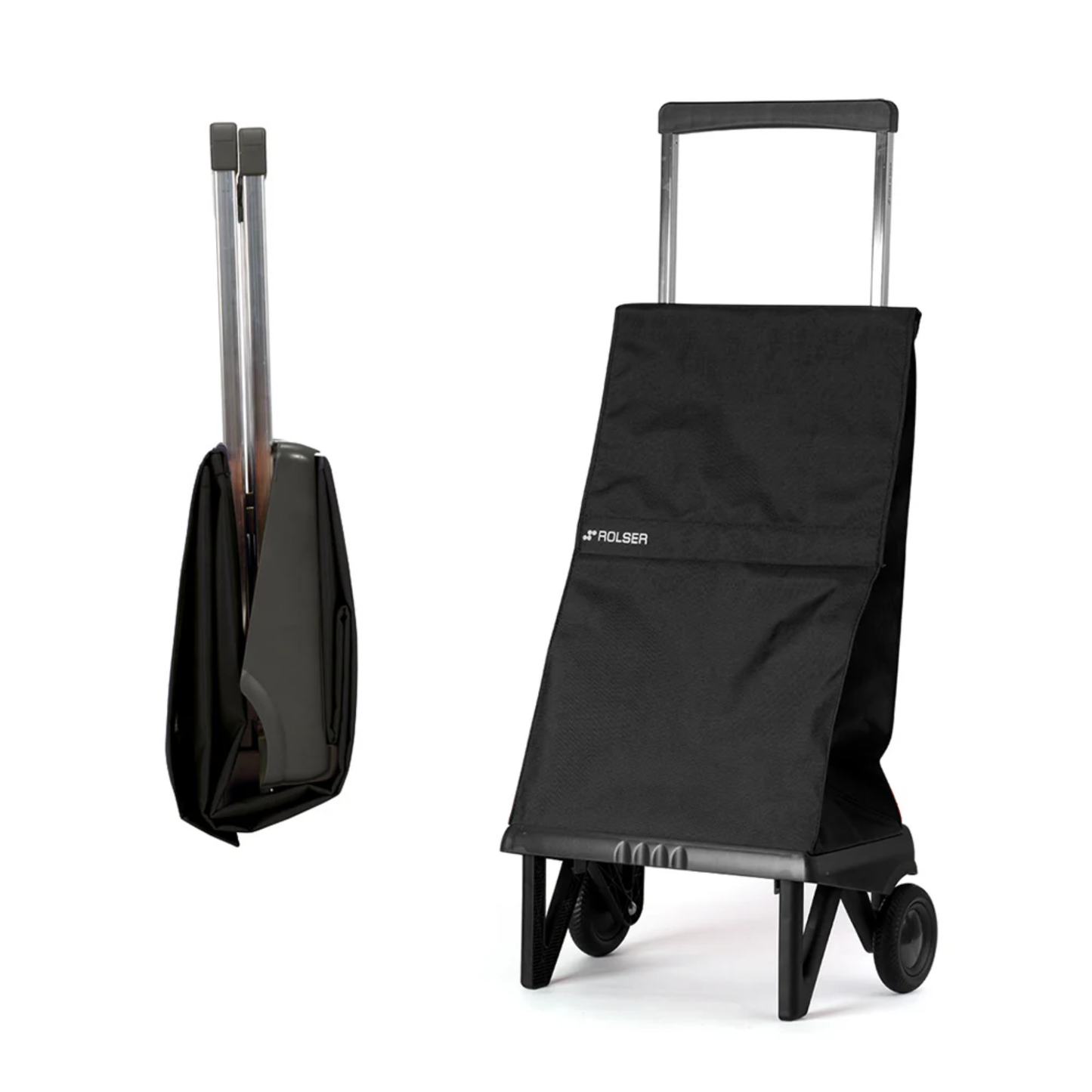 Black Rolser Plegamatic foldable shopping trolley shown in folded and fully opened positions, highlighting compact 2-wheel design for easy storage.