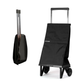 Black Rolser Plegamatic foldable shopping trolley shown in folded and fully opened positions, highlighting compact 2-wheel design for easy storage.
