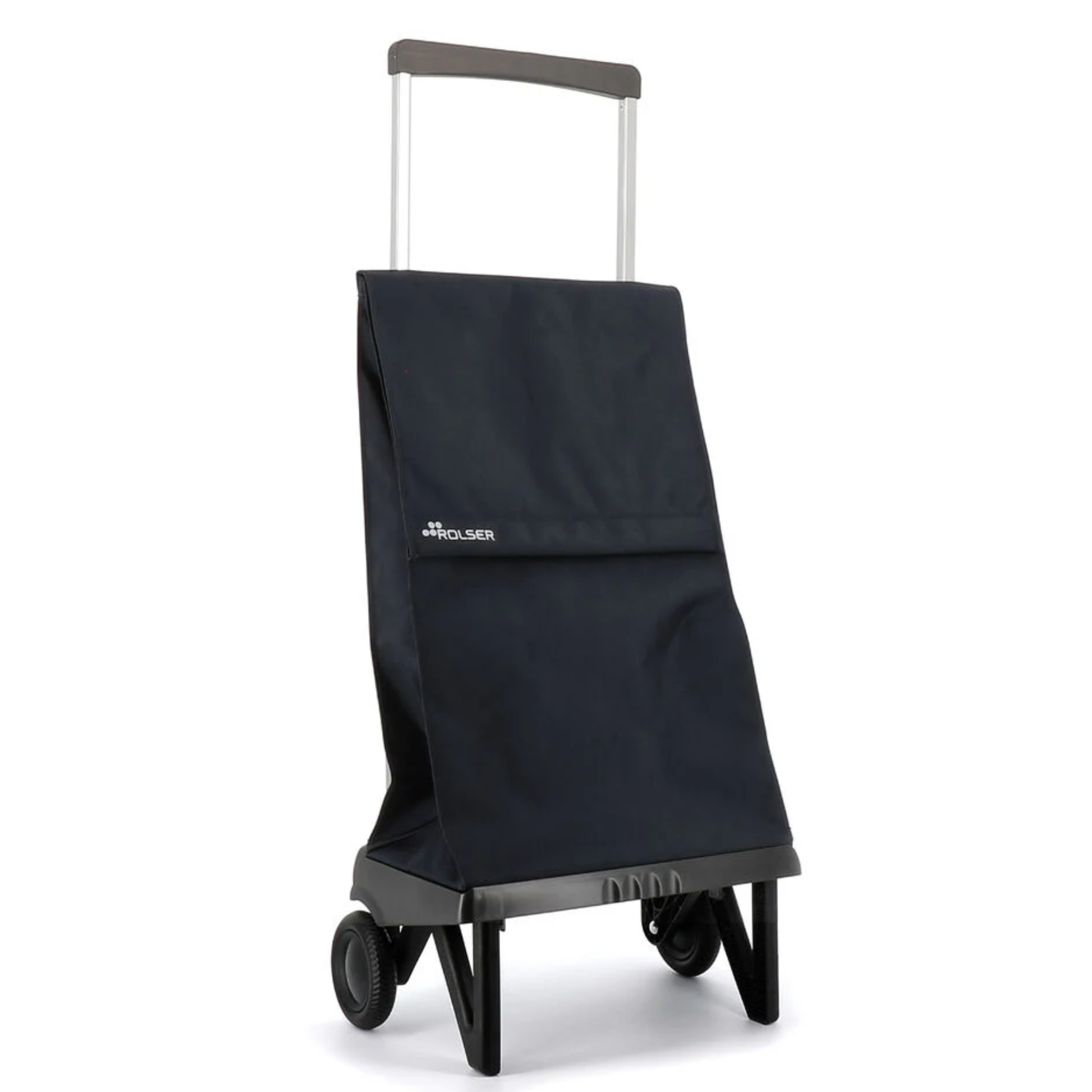Navy blue Rolser Plegamatic foldable shopping trolley with telescopic handle and 2 wheels, angled front view on white background.