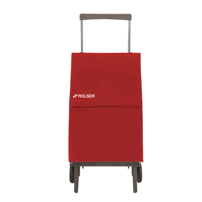 Red Rolser Plegamatic foldable shopping trolley with telescopic handle and 2 wheels, front view on white background.