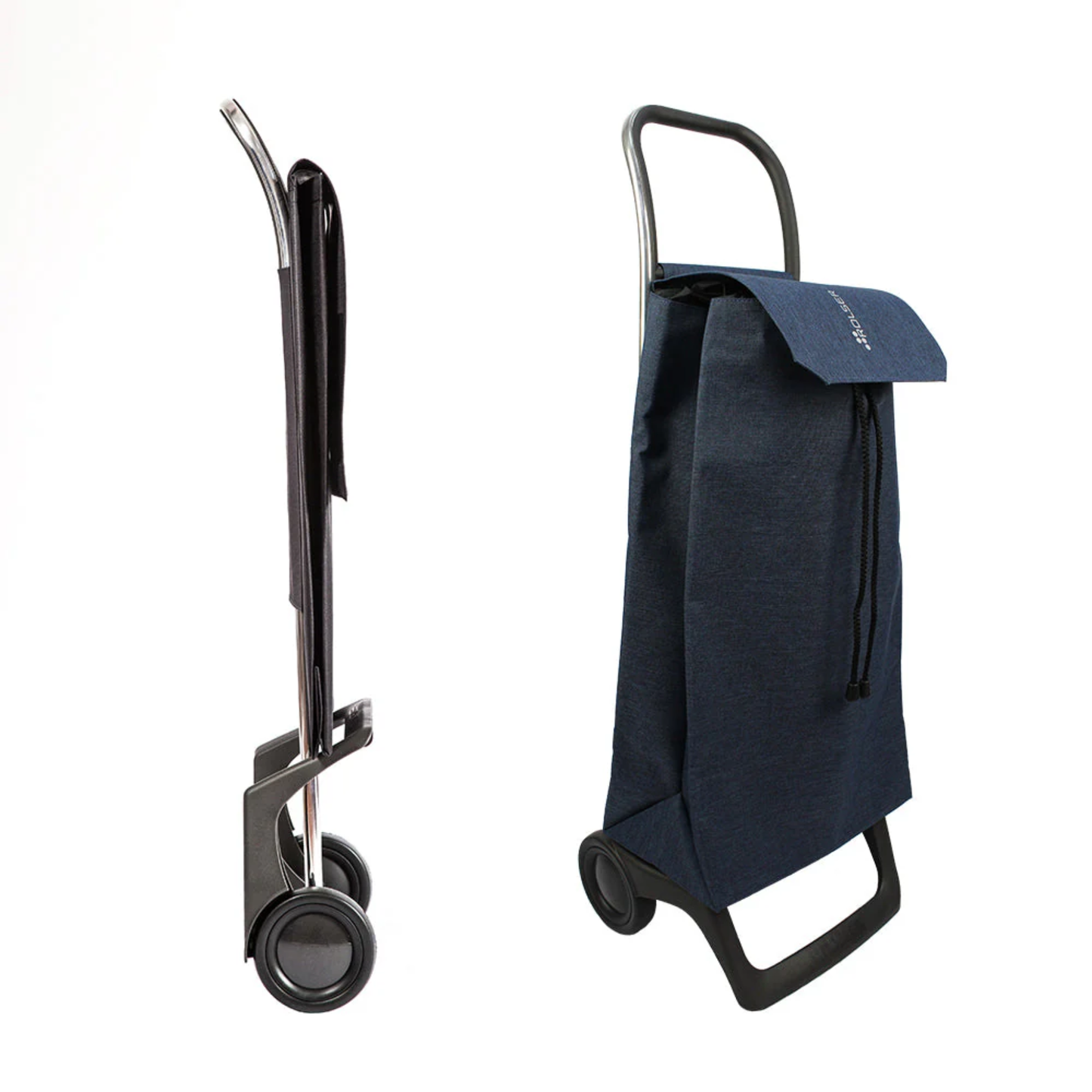 Blue Rolser tweed foldable grocery shopping trolley shown in folded and fully opened positions, highlighting compact 2-wheel aluminum frame design.
