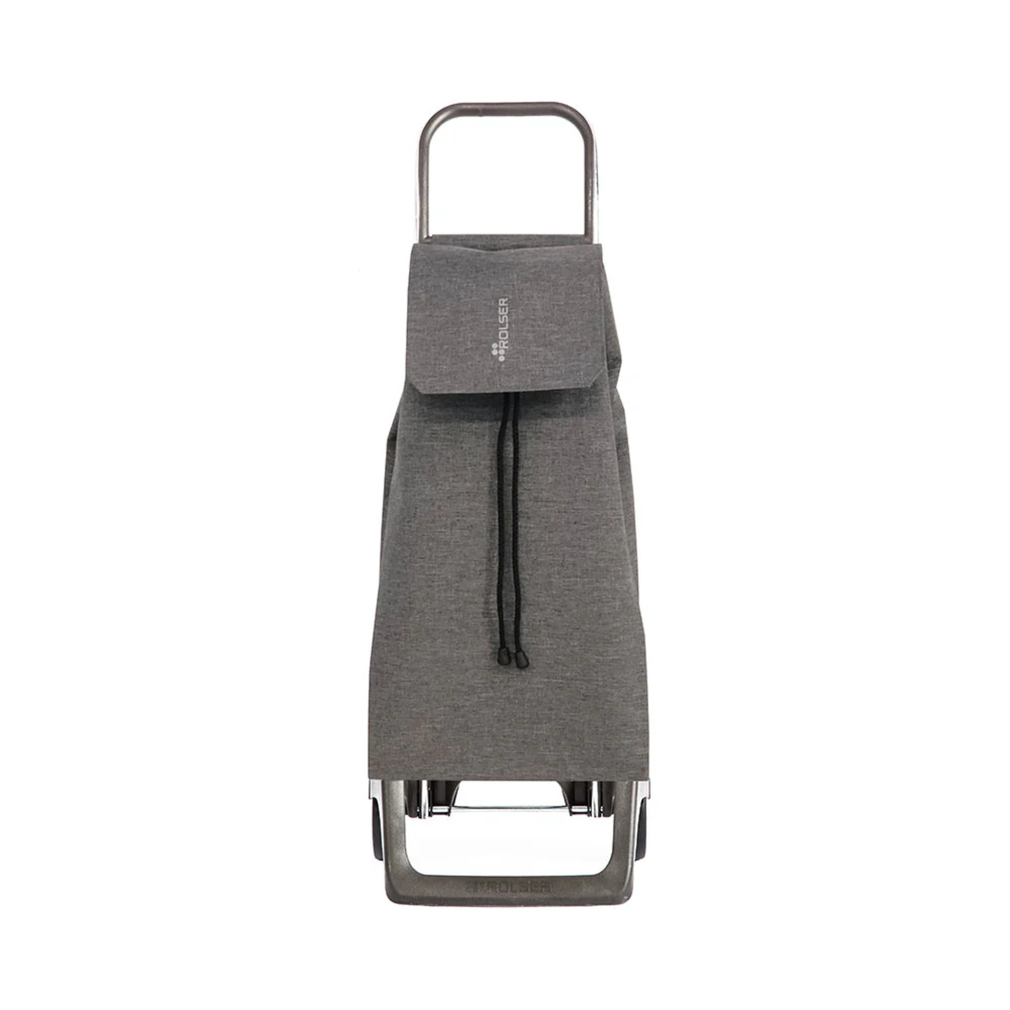 Grey Rolser tweed foldable grocery and shopping trolley with aluminum frame and drawstring bag, front view against white background.
