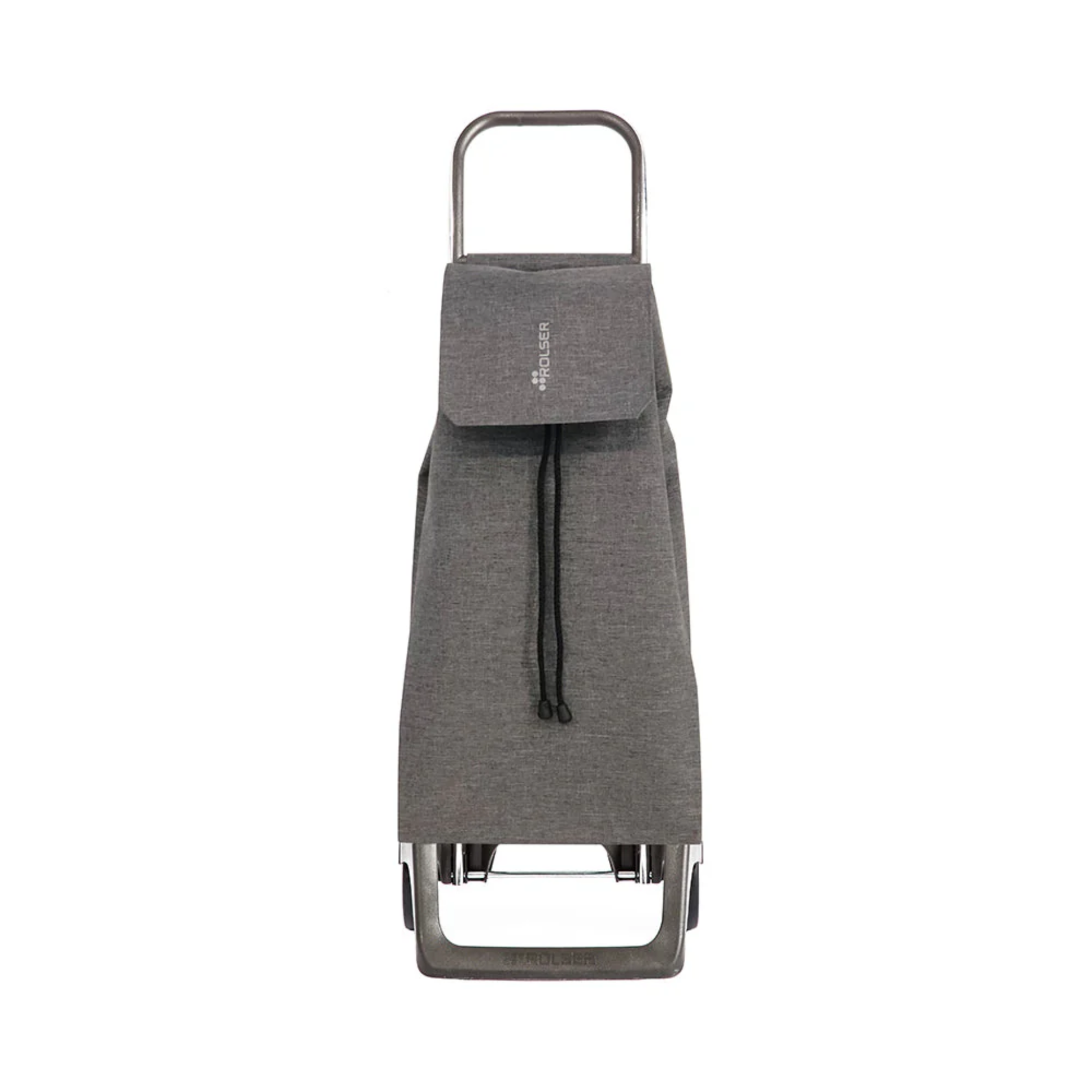 Grey Rolser tweed foldable grocery and shopping trolley with aluminum frame and drawstring bag, front view against white background.