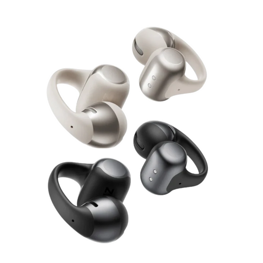 Four pairs of Shokz noise-cancelling wireless earbuds in black and silver with ergonomic loop design, ideal for music and calls.