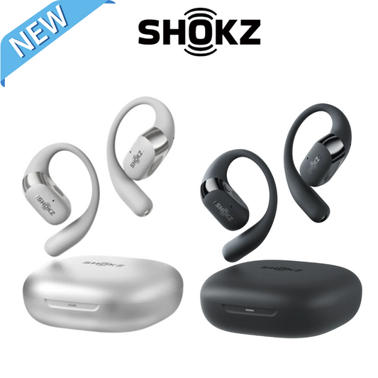 Shokz Open-Ear Wireless Bluetooth Earbuds in black and white with charging cases, latest model